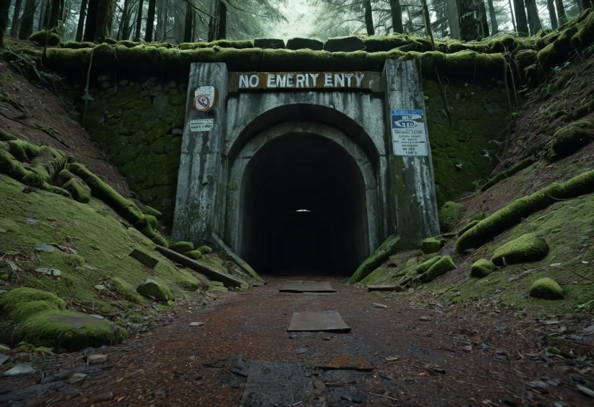 A dark, moss-covered tunnel entrance blocked by concrete.