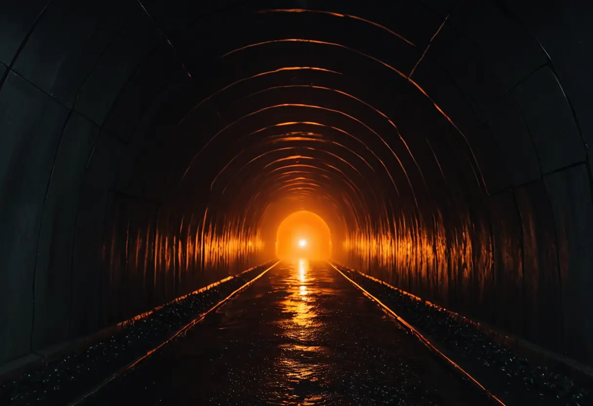 A blurry, flickering light at the end of a dark tunnel.