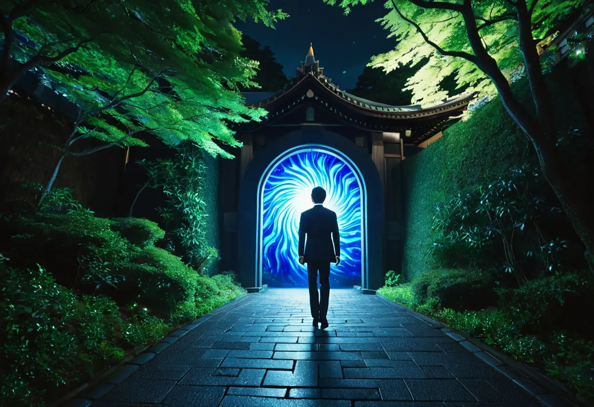 A glowing portal in a dark alley.