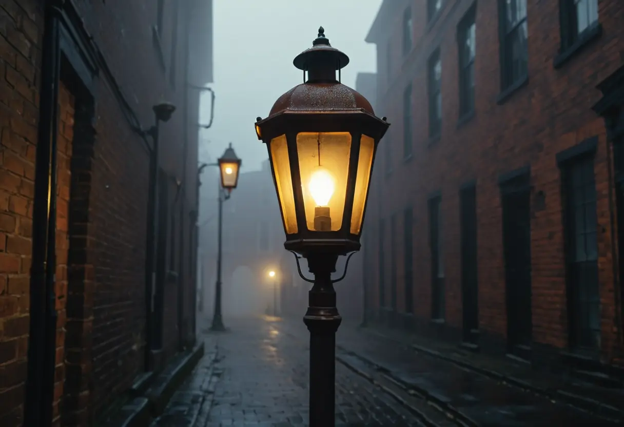 A gas lamp in a dark London alley.