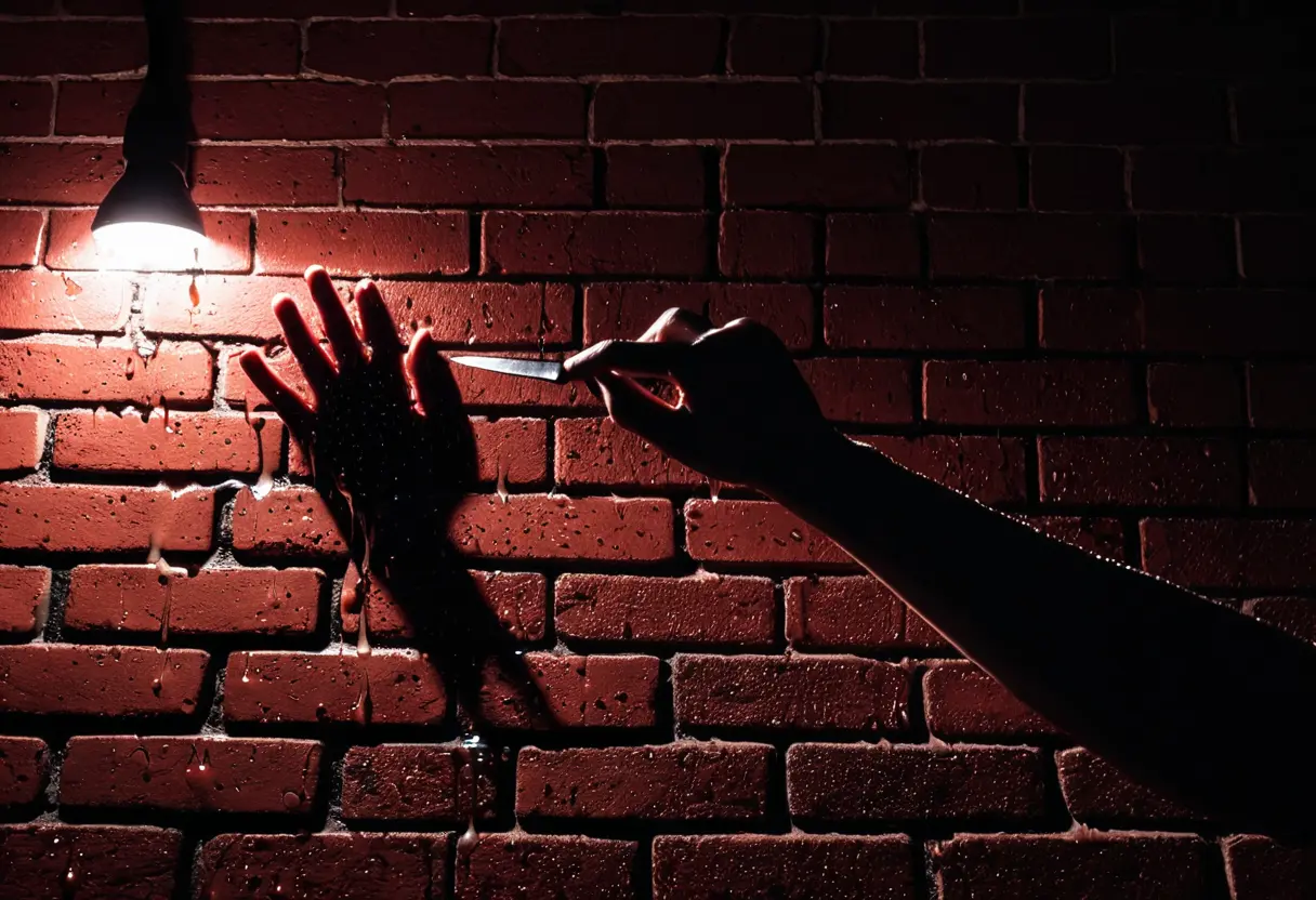 A shadow cast on a brick wall.