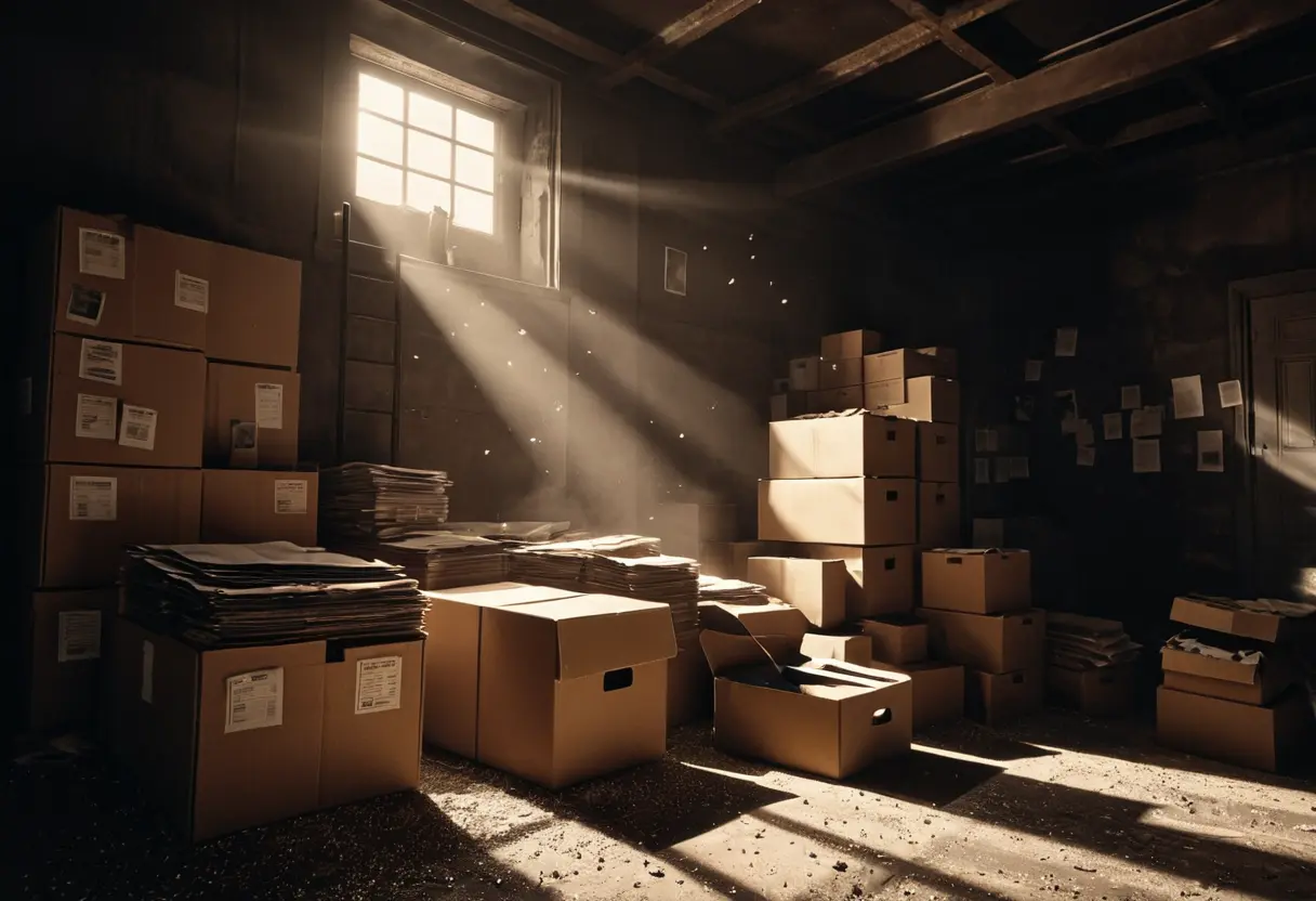 Dusty evidence boxes in evening light.