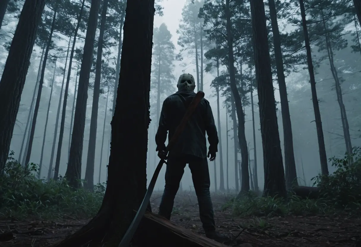 A tall silhouette holding a machete in the woods.