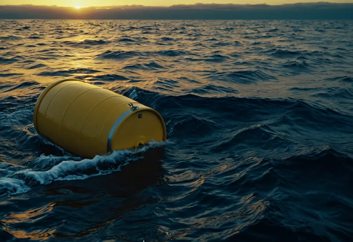 A solitary yellow barrel floating on a dark, choppy sea.