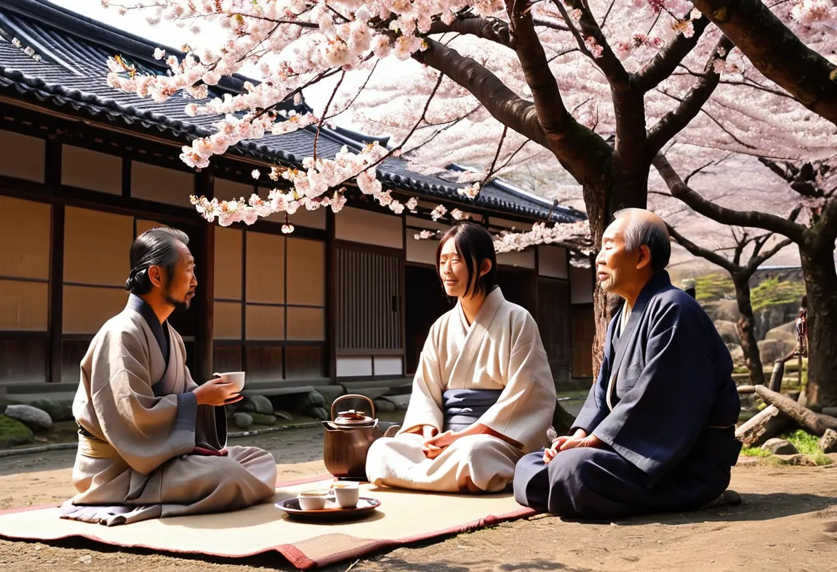 Jesus in kimono in an ancient Japanese village.