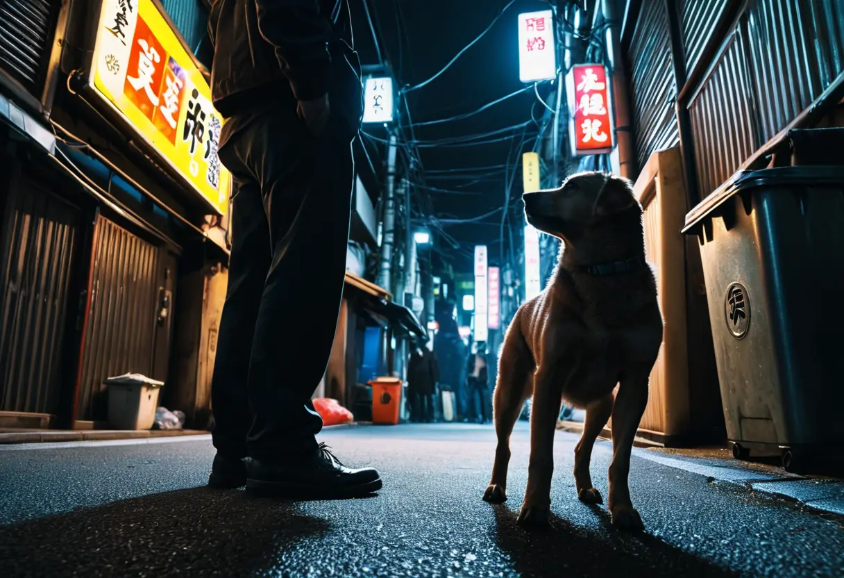 A surreal image of a dog with a man&rsquo;s face looking into a trash can in Tokyo.