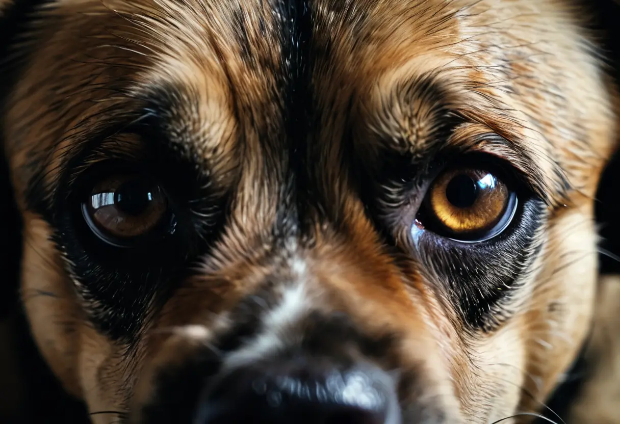 A close-up of a weary, human-like eye on a canine face.