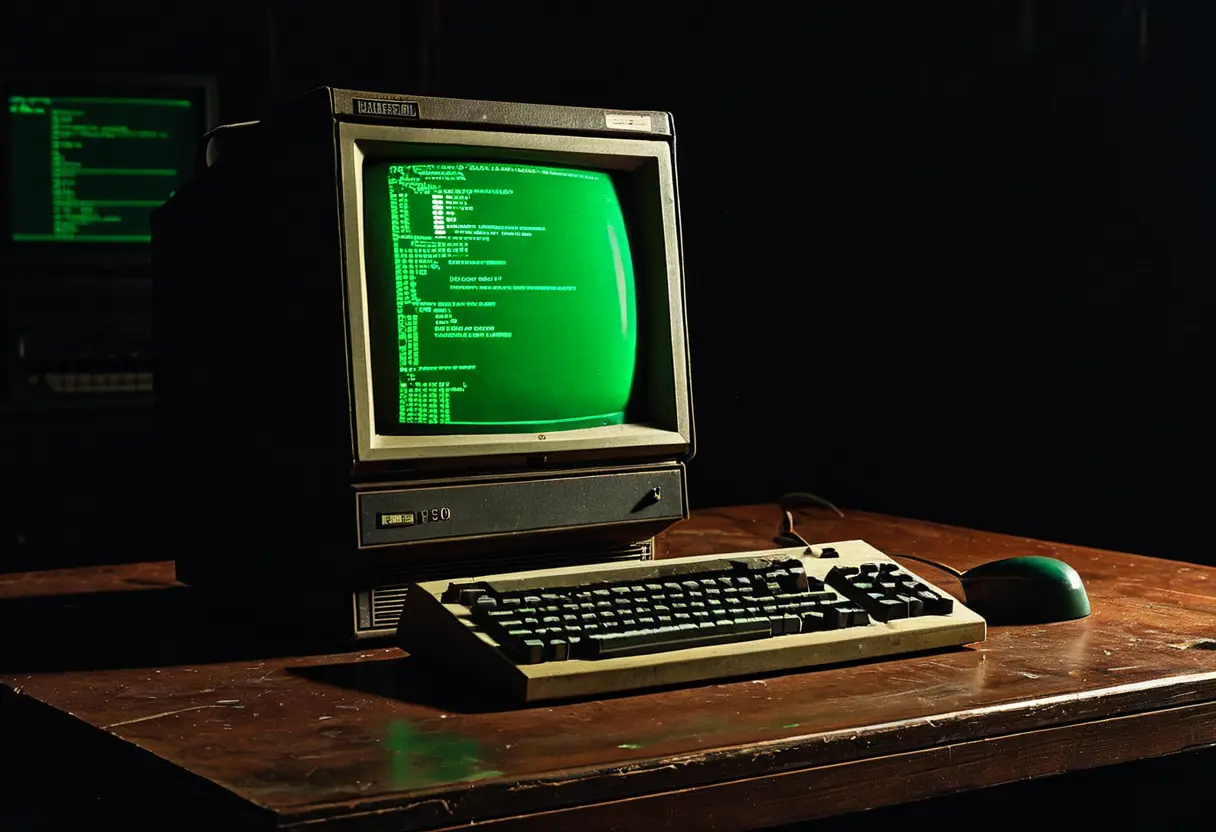 A vintage IBM 5100 computer glowing with green code.