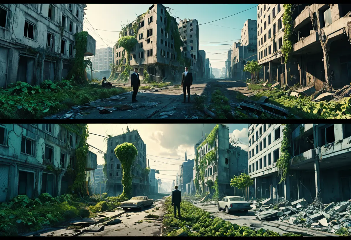 A split view of a city; one side peaceful, the other in ruins.