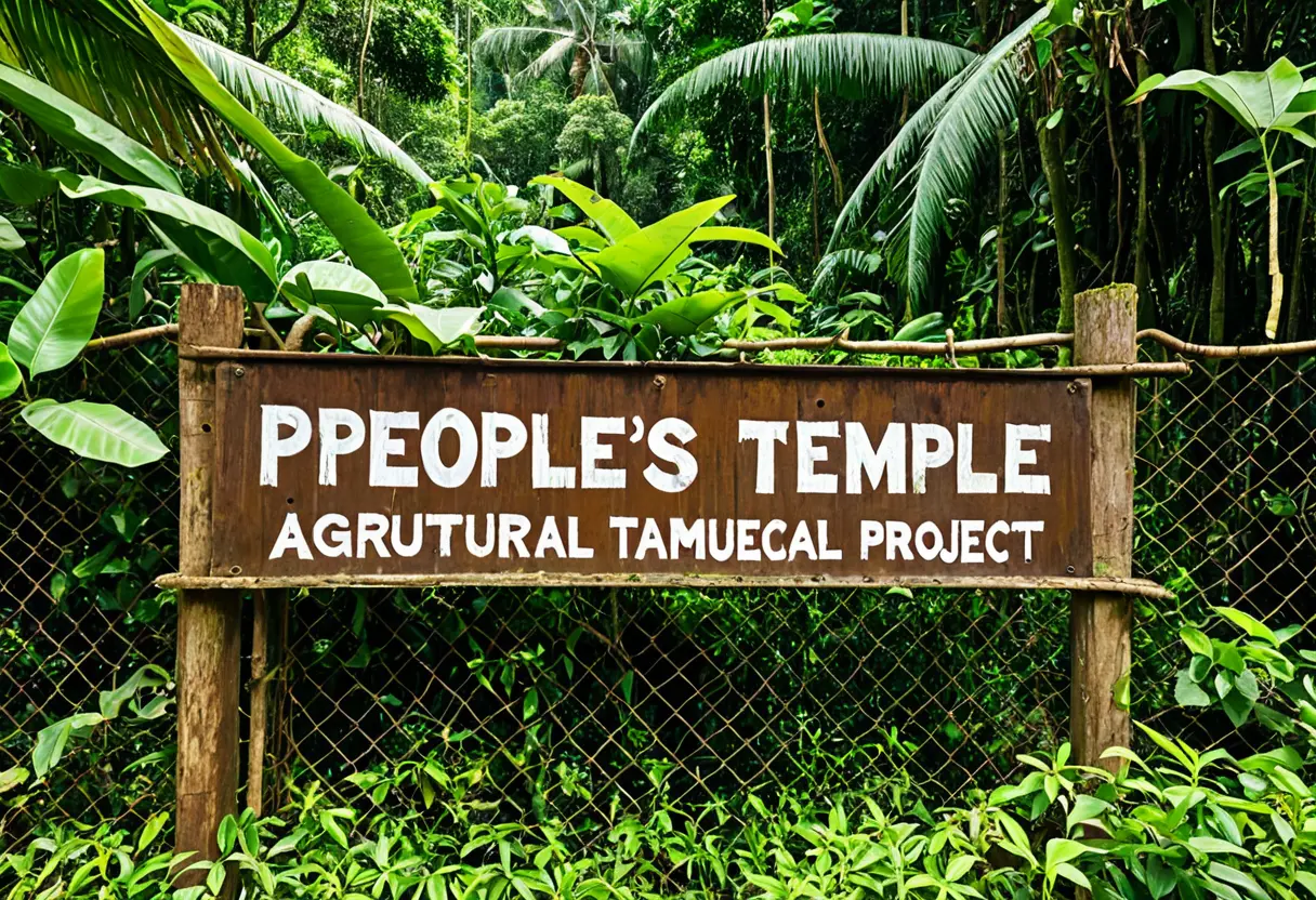 A wooden sign in a jungle.