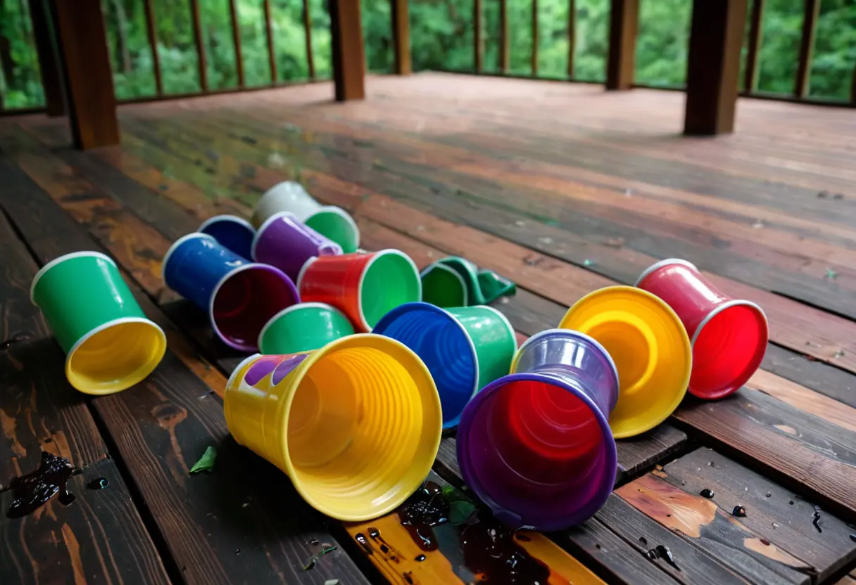 Overturned cups and spilled liquid.