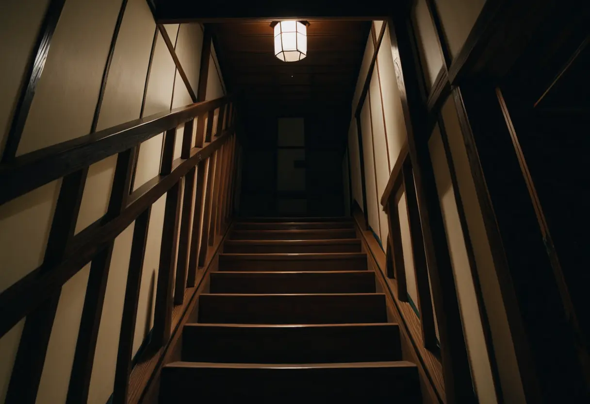 A dark, narrow staircase leading up to a pitch-black second floor.