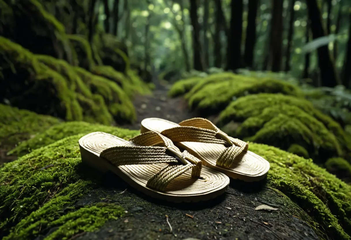 A pair of small straw sandals left alone on a forest path.