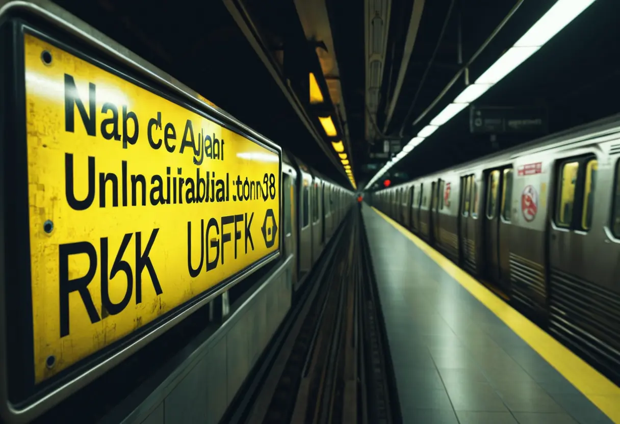 A glitching subway station with distorted lights.