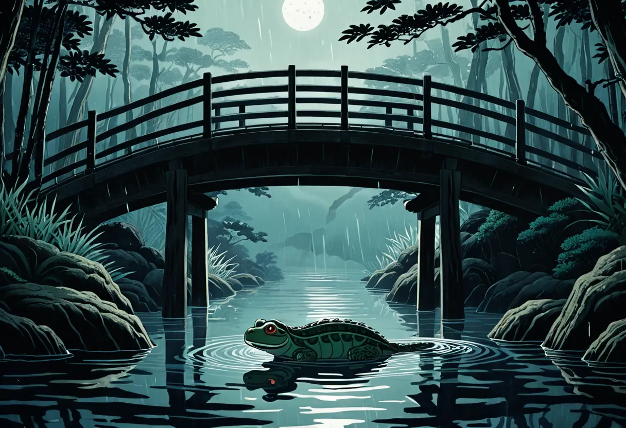 A traditional ukiyo-e style Kappa hiding under a bridge.