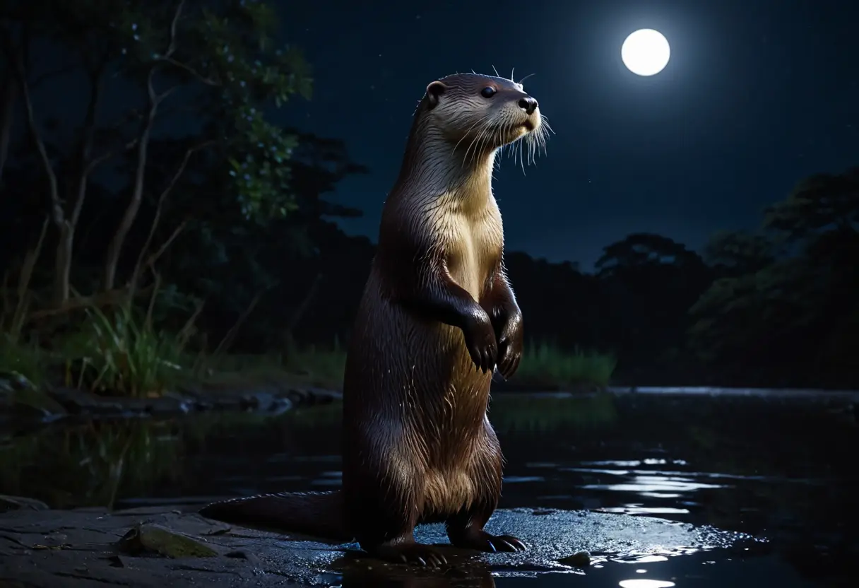 An otter peeking from the water, looking almost like a small person.