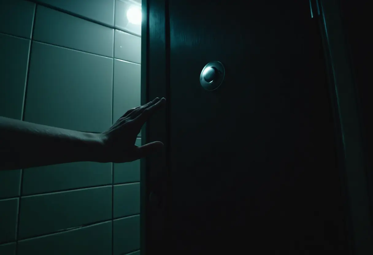 A pale, thin hand reaches out from under the door of a night-time bathroom stall.