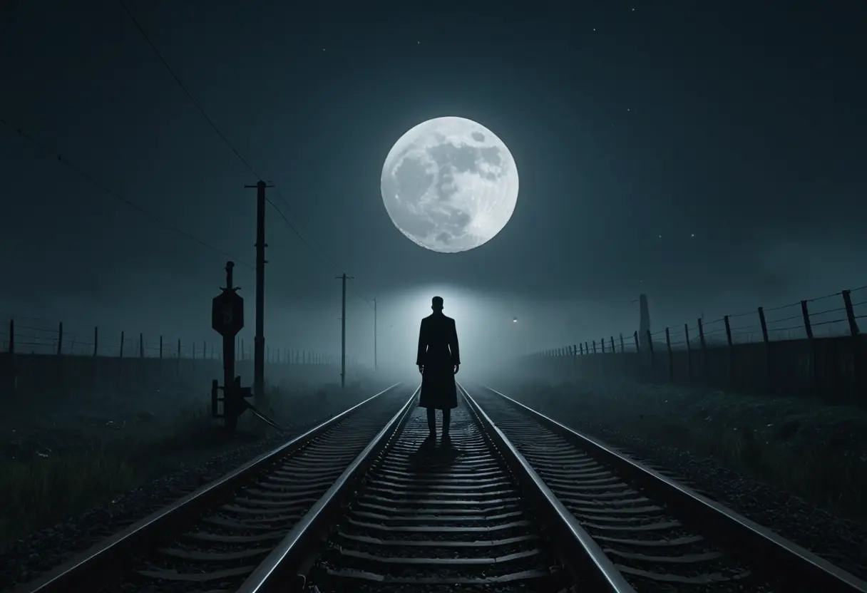 A crawling human silhouette visible on foggy railway tracks in the distance.