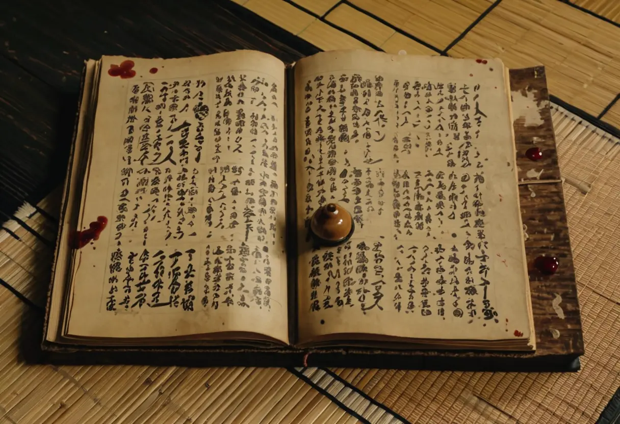 A pale, blood-stained diary lying open on a tatami mat.