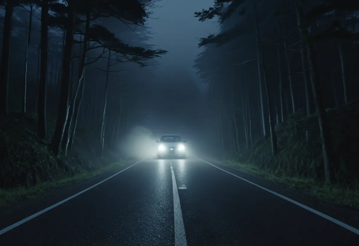 A dark road leading into a foggy forest with glowing car headlights.