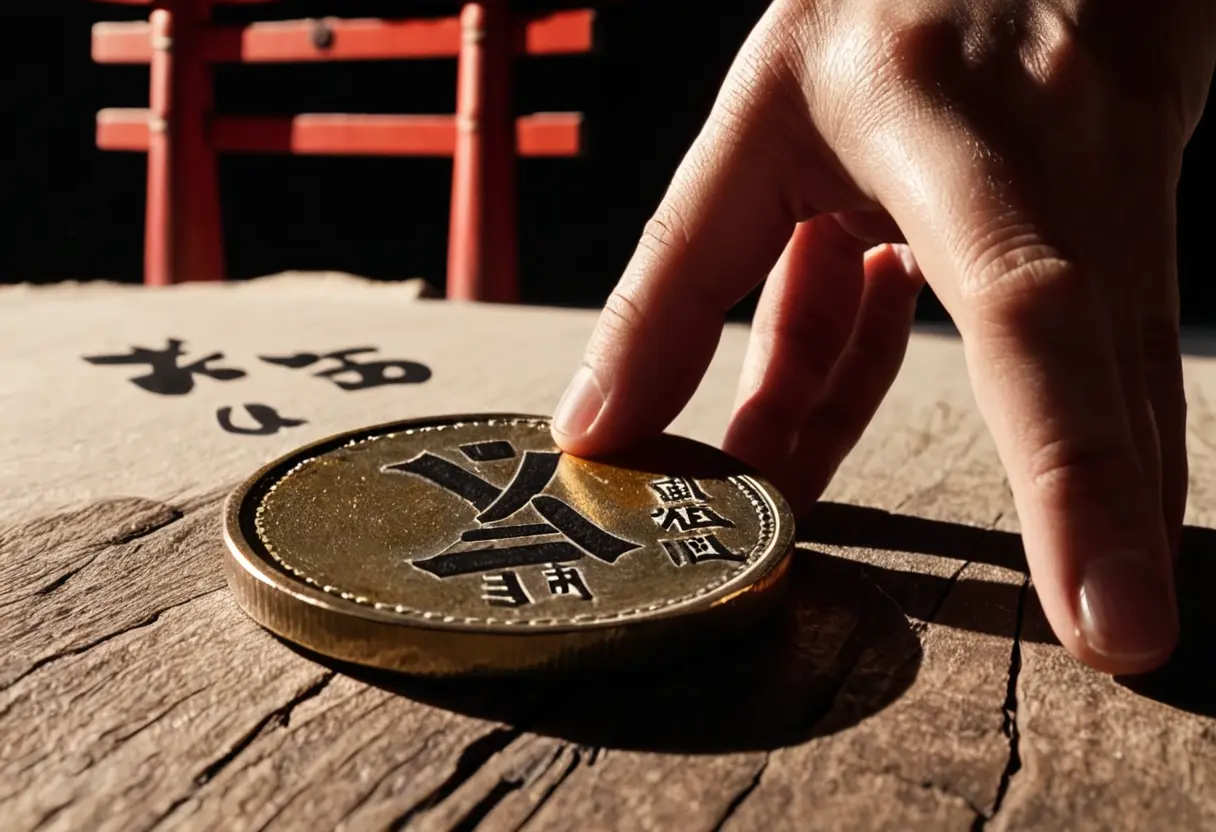 A close-up of a 10 yen coin moving toward the &lsquo;Yes&rsquo; mark on a paper.