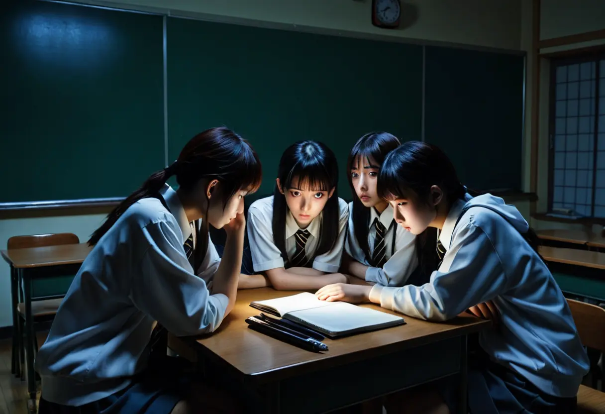 A group of students looking terrified in a dark classroom.