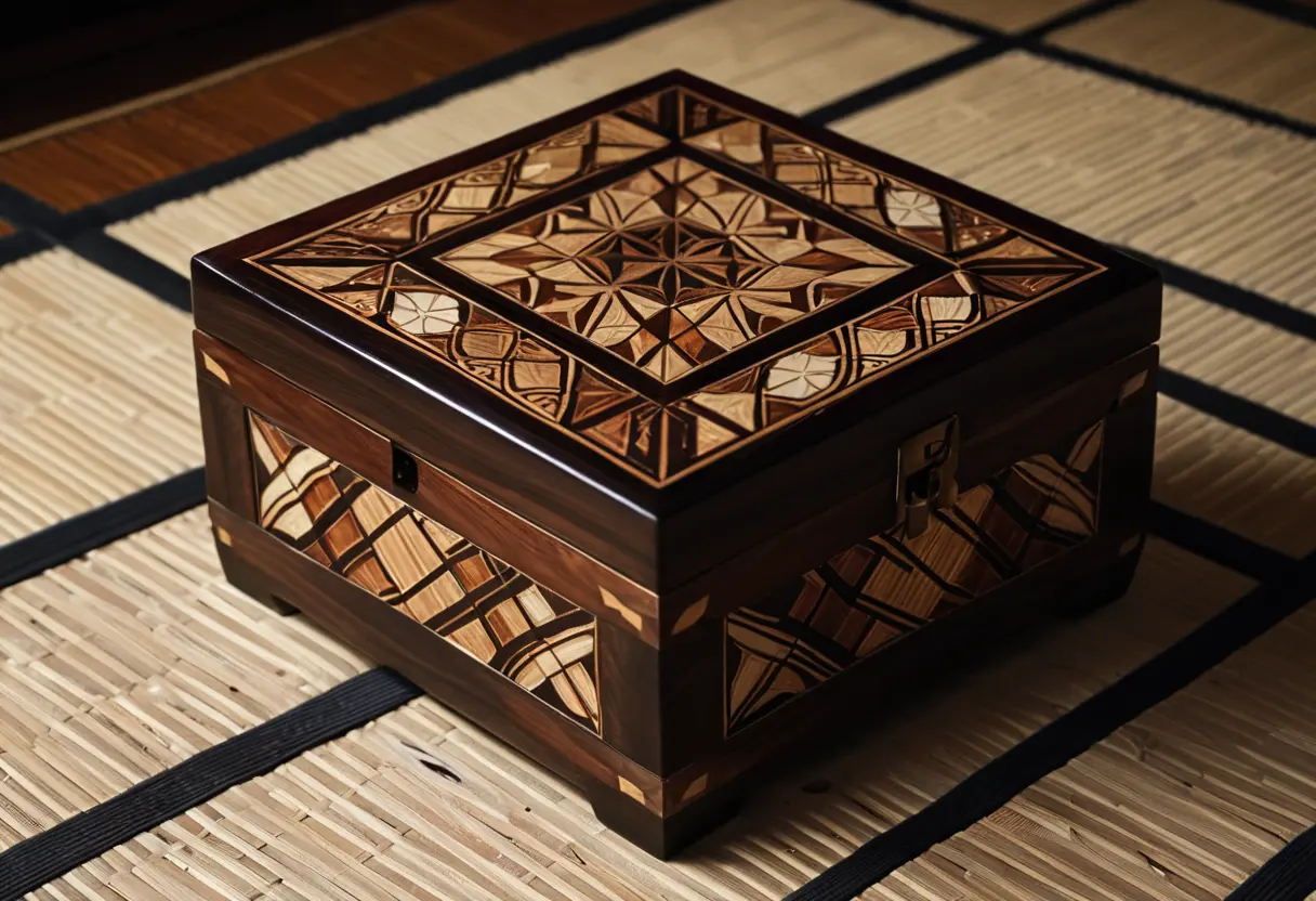 A small, dark wooden box with intricate carvings on a dirty floor.