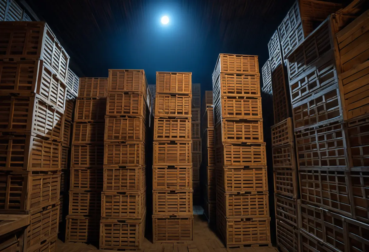 A dark, suffocating room with many boxes stacked.