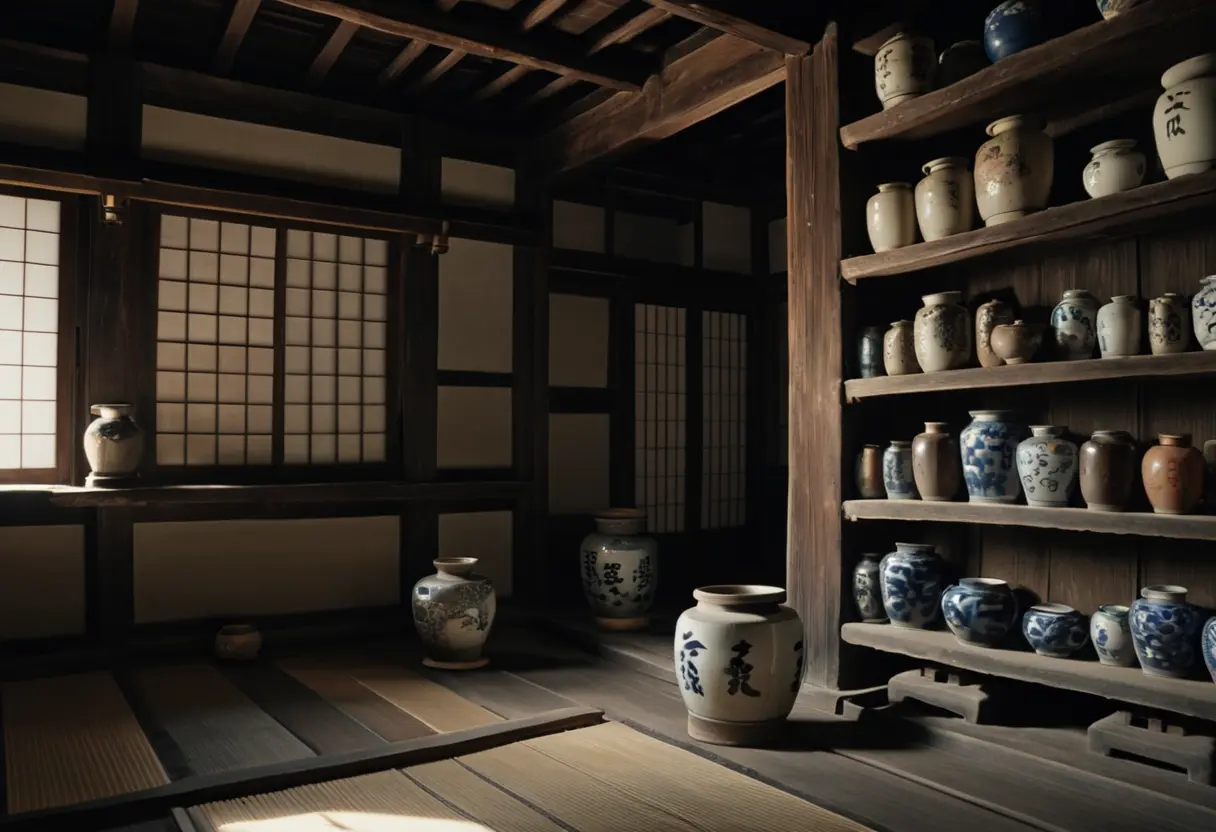 A dark, ancient wooden kura (storehouse).