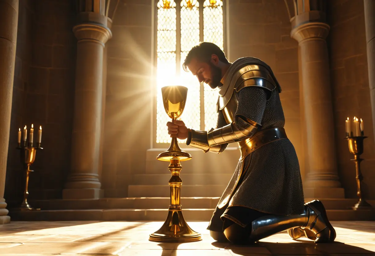 A knight discovering a glowing chalice.