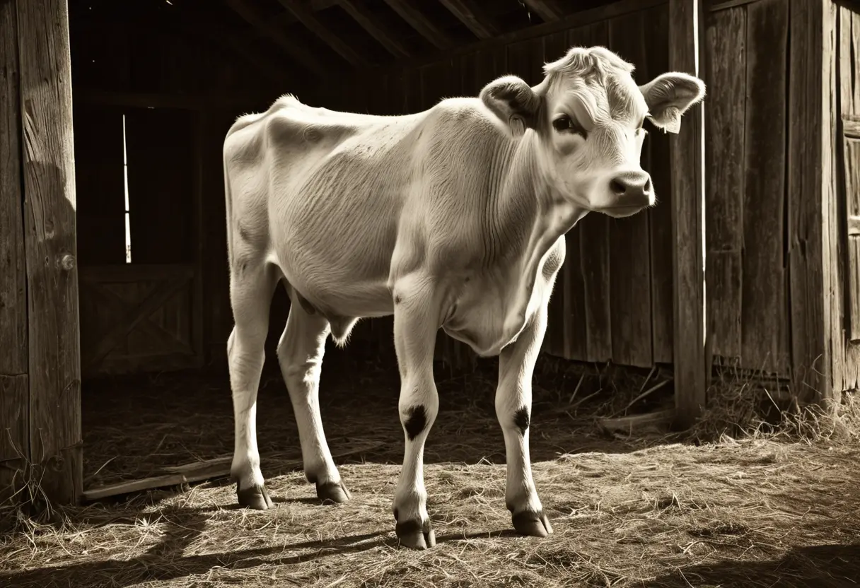A hybrid beast with a human face and a calf&rsquo;s body in a dim barn.