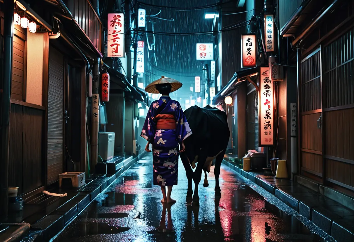 A dark alley in a modern city with a silhouette of a cow-headed woman.