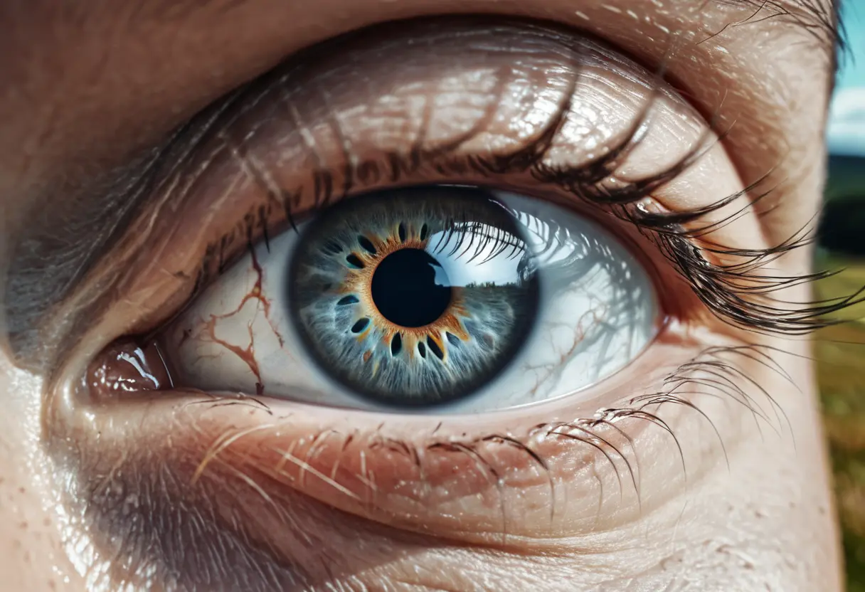 An old man looking solemnly at a rice field while a distorted figure looms far away.