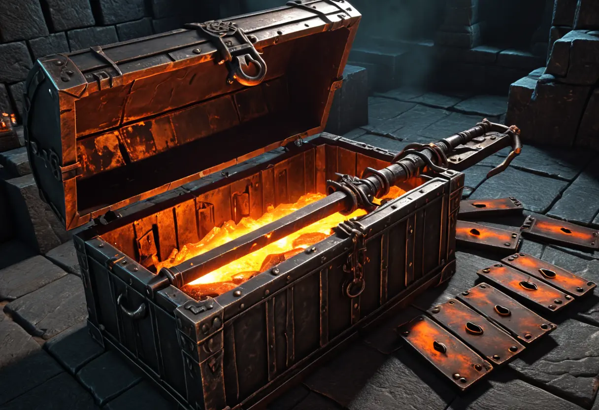 A glowing weapon inside a chest with nine locks.