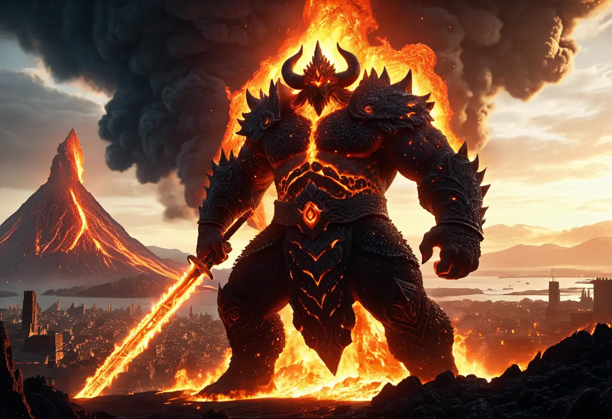 The fire giant Surtr wielding a flaming sword against a city.