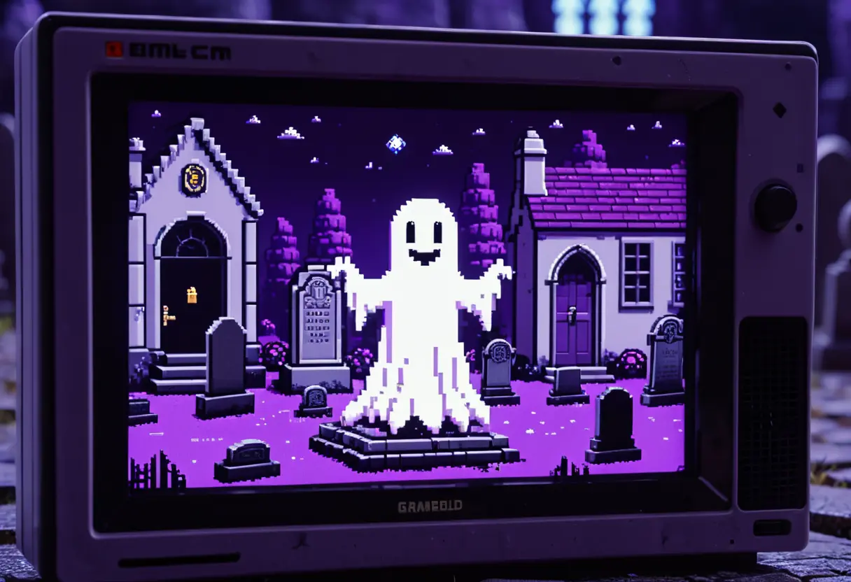 A purple-tinted Game Boy screen of a grave.