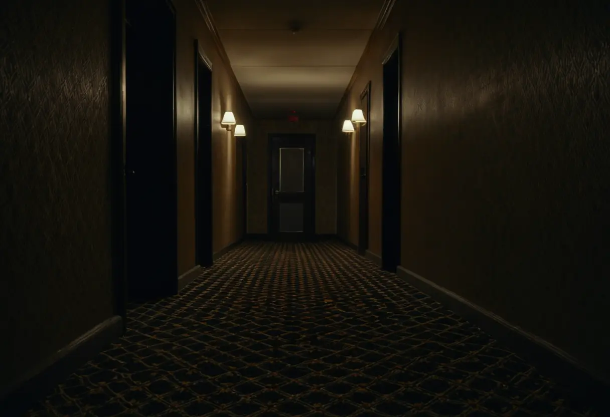 A dark hotel hallway with a single open door showing a shadow on the floor.