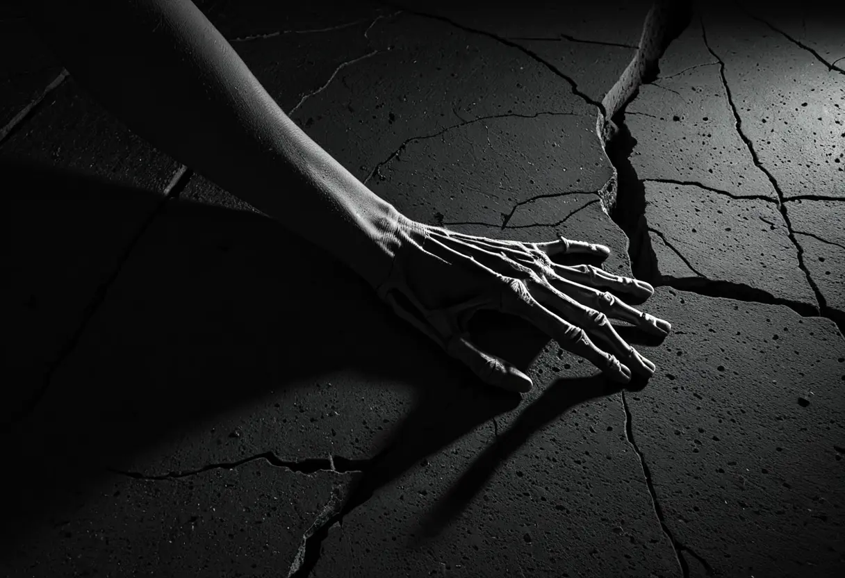 A cross-section of a concrete wall with a skeletal hand visible inside.