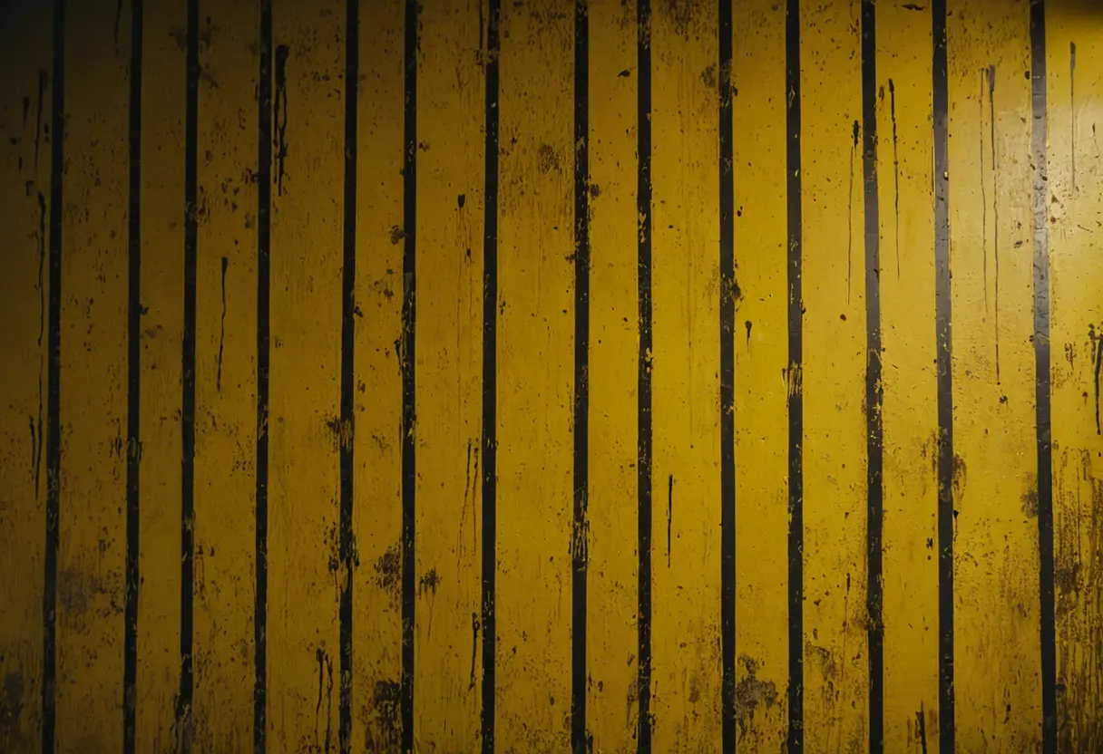 Scratched markings on a yellow wall.