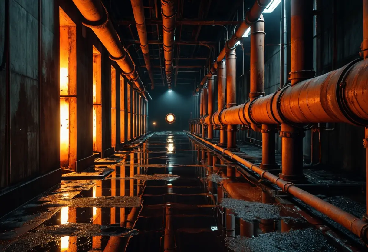 Dark industrial pipes in Level 1.