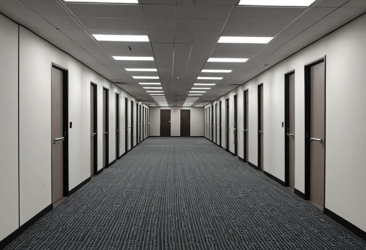 An empty, brightly lit hallway.