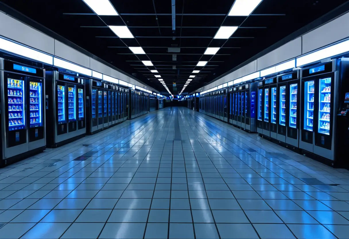 An empty mall corridor at night.