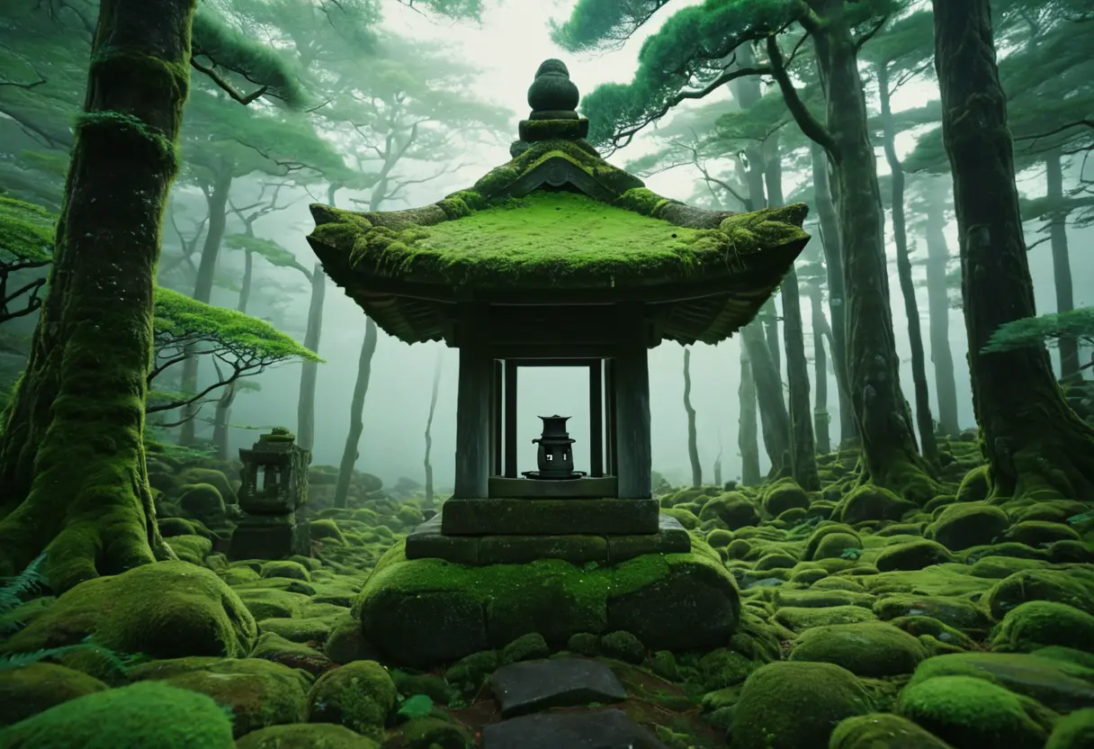 A mossy stone lantern in a dark, misty forest.