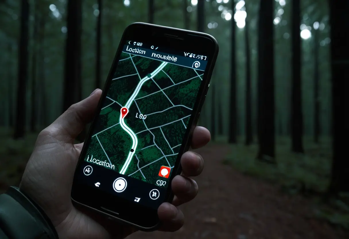 A modern GPS screen showing &lsquo;Search Error&rsquo; in a forest.