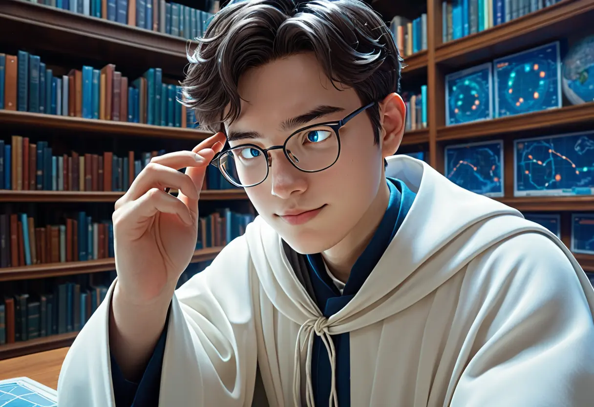 A man with glasses looking at a magical screen.