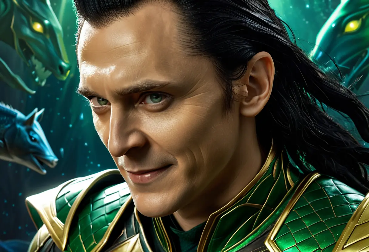 A sharp-featured Loki with a devious smirk.
