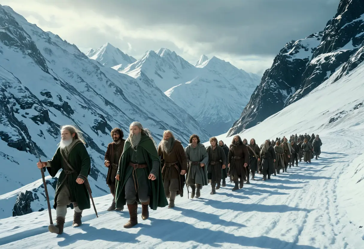 The Fellowship of the Ring trekking through mountains.