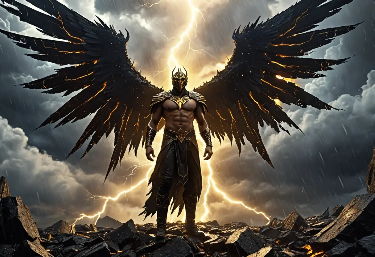 Lucifer falling from heaven with charred wings.