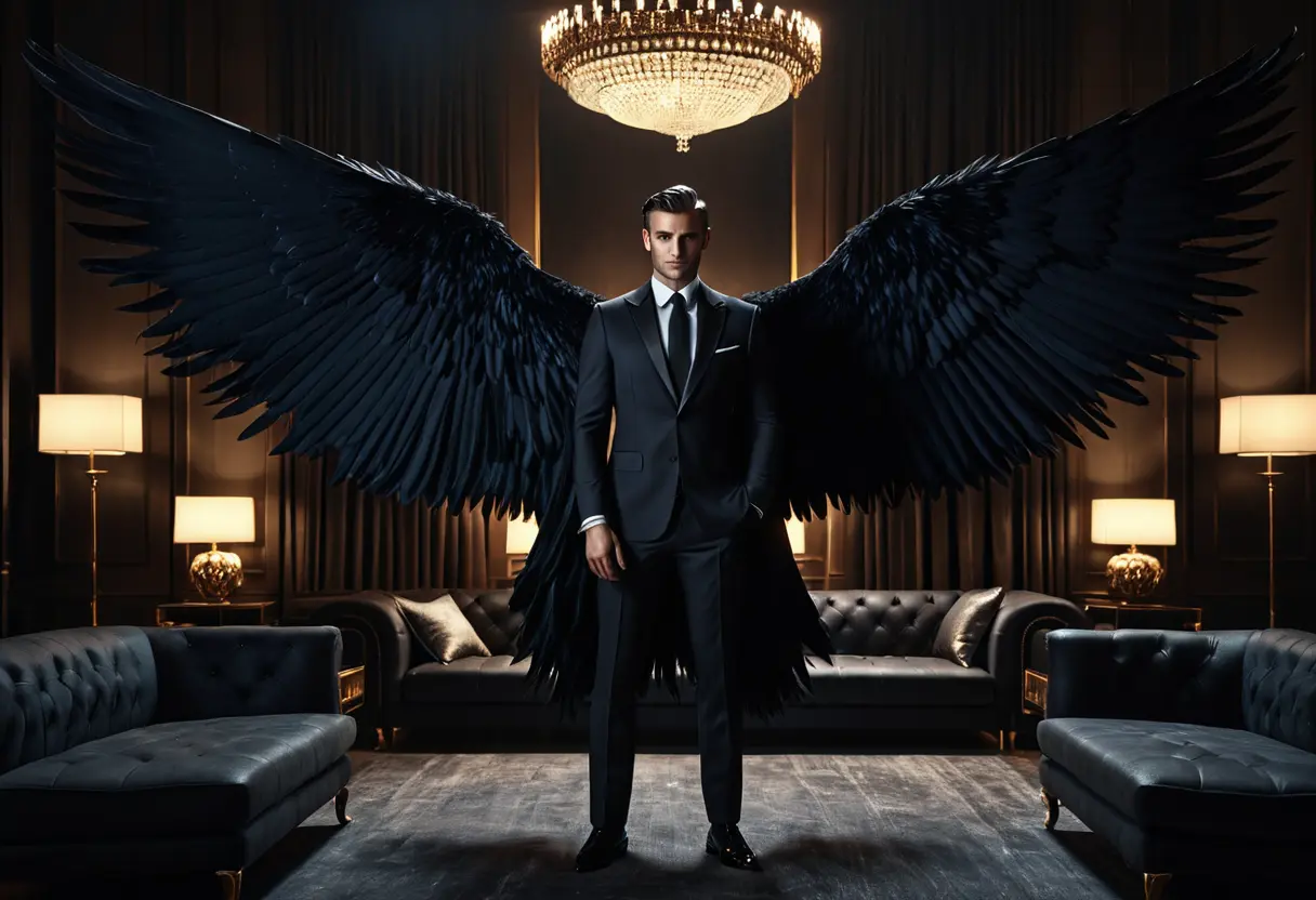 A modern, stylish depiction of Lucifer in a dark suit with black wings.