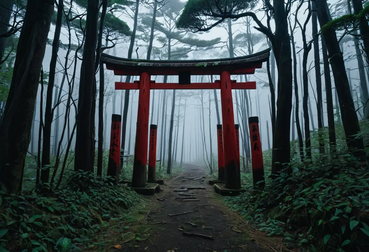 A decayed red Torii gate in a dark, foggy forest.